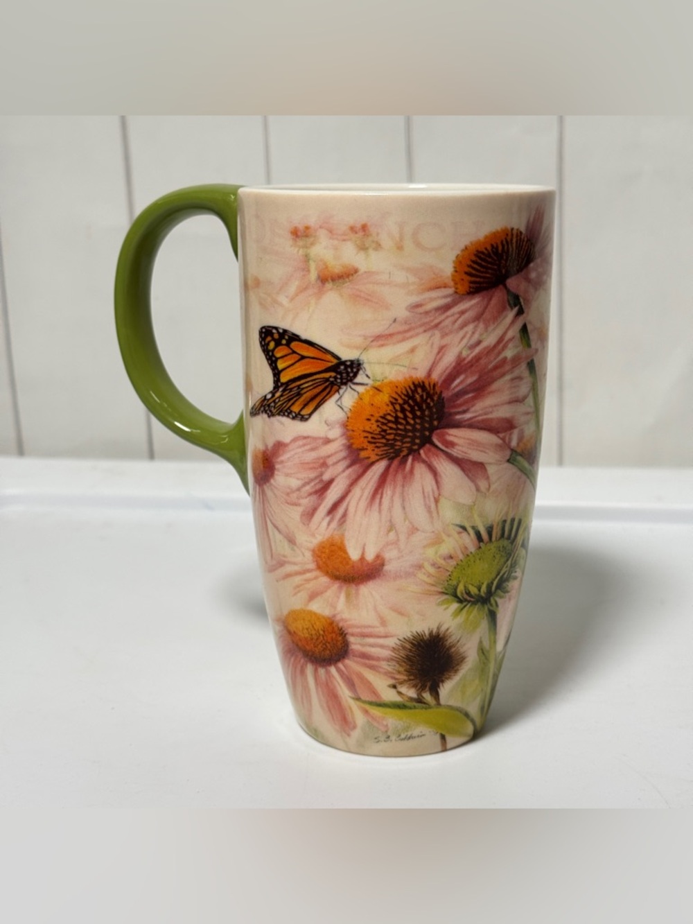 Cypress Home SB Baldwin Travel Mug Floral Bird Butterfly 2006 Artsy 6" Cup‎